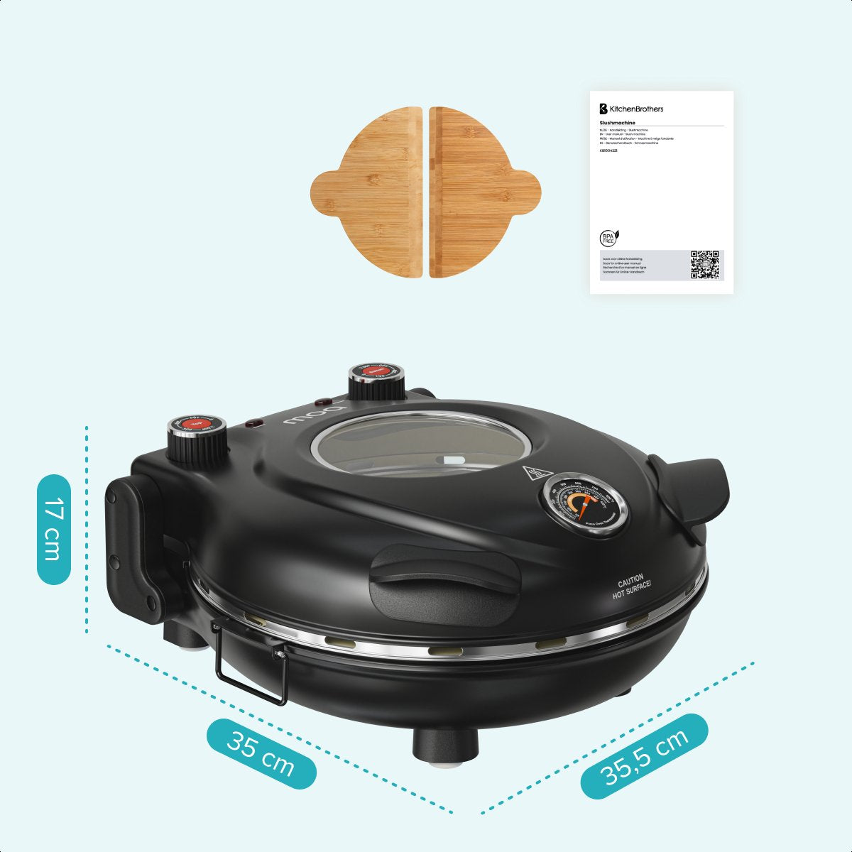 MOA Elektrischer Pizzaofen – Bis zu 400 °C – 30,5 cm Pizzastein – Einstellbare Ober- und Unterhitze – Inklusive 2 Bambus-Pizzaschaufeln – Schwarz