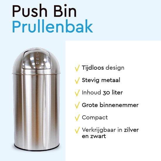 BRASQ Push Bin Edelstahl-Mülleimer mit herausnehmbarem Abfallbehälter 30 Liter - Mülleimer - Mülleimer