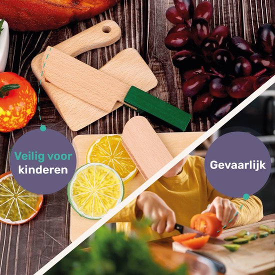 Qwali Kindermesserset aus Holz - sicher - inkl. Schneidebrett - Kinder - Besteck - Messer Kind - Küche - Spielzeug