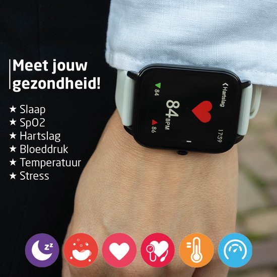 BREND Smartwatch für Frauen und Männer - Schrittzähler, Blutdruckmesser und Herzfrequenzmesser - Sportuhr - wasserdicht - weiß