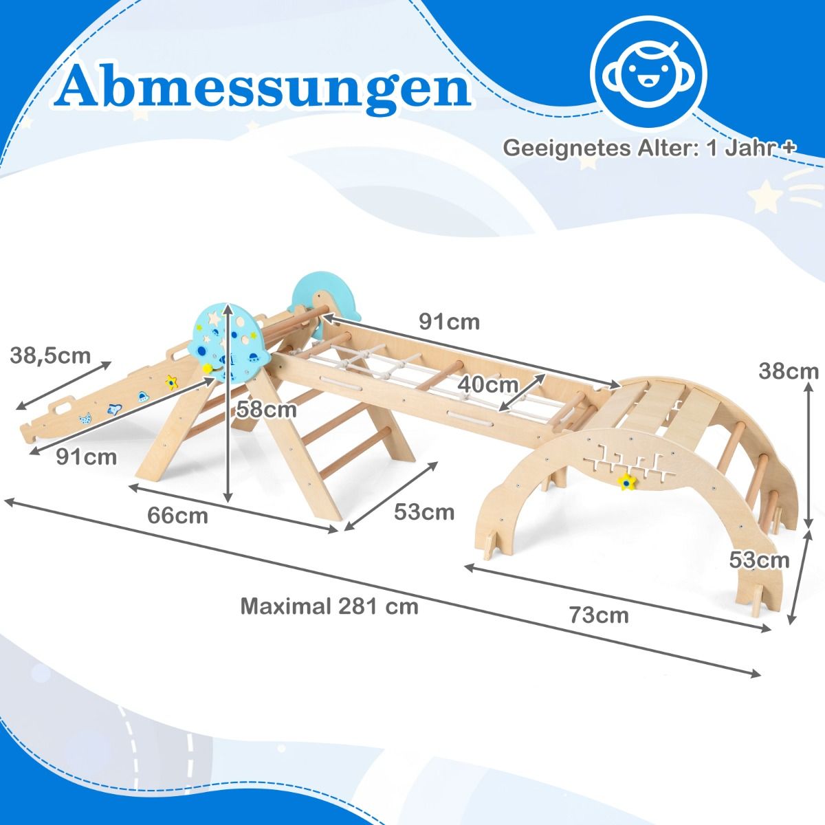 Coast Montessori Klettergerüst – 9-in-1-Spielgerät – zusammenklappbar – Naturfarben