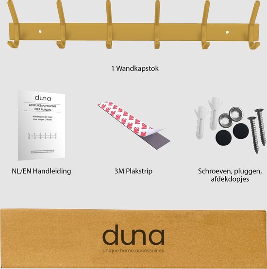 Duna Wandgarderobe - 12 Haken - Edelstahl - Wandgarderobe zum Aufhängen - Handtuchhalter - 3M-Band - Messing - Gold