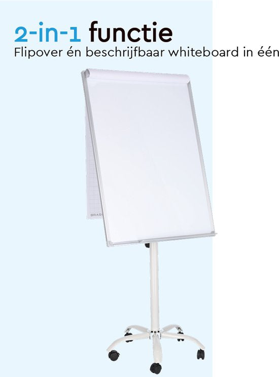 BRASQ Flipover Mobile - 70x100 cm - Verstellbares Whiteboard - Inklusive 25 Blatt Papier, 4 Marker, 8 Magnete, Radiergummi - Flipover mit Büroklammer und Haken - Magnetische Tafel - Magnetische Tafel - Weiß