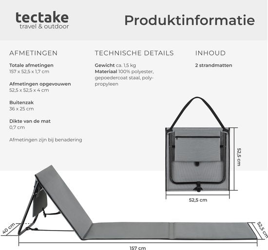 tectake Strandmatte - Set aus 2 faltbaren Liegematten mit verstellbarer Rückenlehne, Tragegurt und Staufach - Ideal für Strand, Camping oder Garten - Leicht und pflegeleicht - Grau