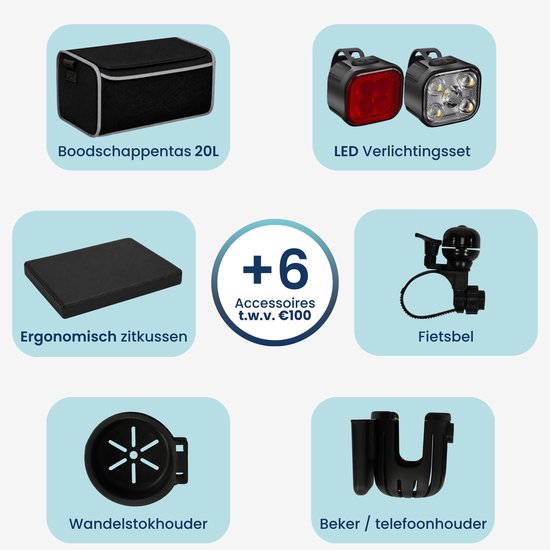 TrueSafe Rollator, leicht und zusammenklappbar (6,9 kg) – Für drinnen und draußen – Inkl. ergonomischem Sitzkissen, Beleuchtung, Rückenlehne, Gehstockhalter und mehr – Schwarz