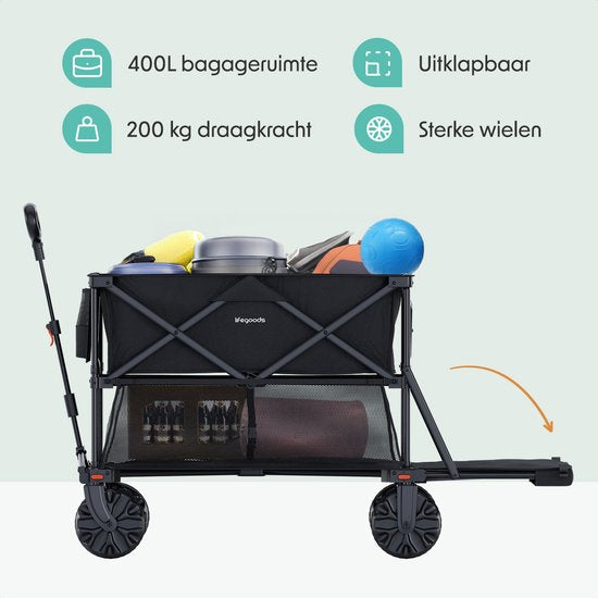 LifeGoods Double Wagon - Faltbarer Wagen - 200KG - 400L - faltbar - mit Schutzhülle - Schwarz