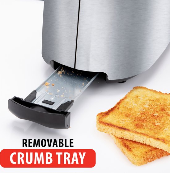 alpina Toaster mit Toasterklemmen und Langschlitz - Toaster 2 Stück Brot mit 7 Bräunungsstufen und Auftaufunktion - Toaster Toaster mit herausnehmbarer Krümelschublade - Silber