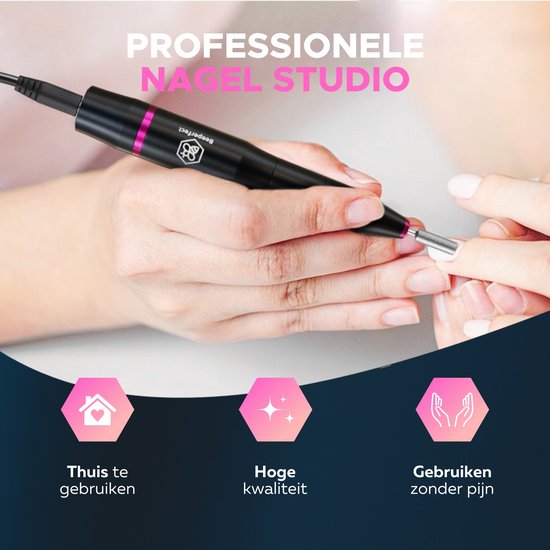 Beeperfect® Elektrische Nagelfeile - Nagelfräse - Maniküre- und Pediküreset - 12 Bits und 60 Schleifrollen - 4 Extra-Zubehör - Schwarz