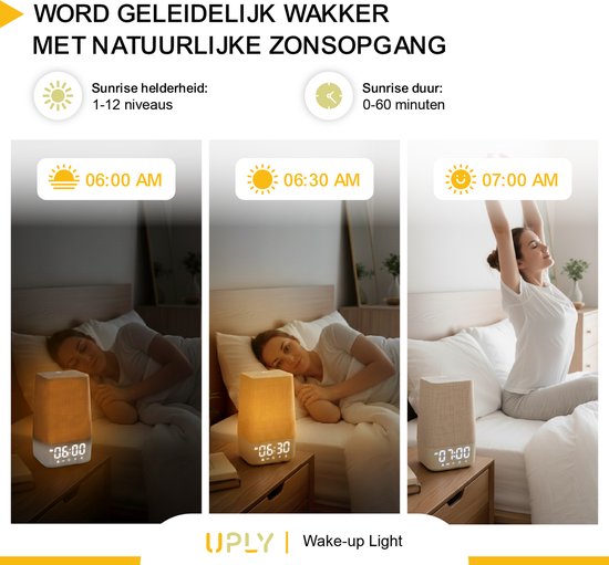 UPLY Wake up light - Mit USB-Ladestation - Mit 30 Tönen - Wecker mit Licht - Weißes Rauschen - Digitaler Wecker