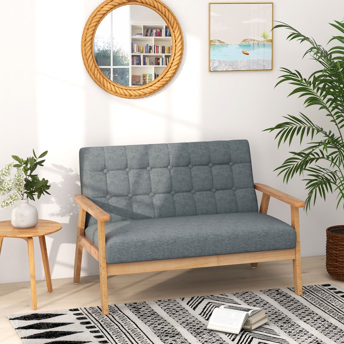 Coast Linen Loveseat 2-Sitzer – Grau – 114 x 72 x 77 cm – Rahmen aus Kautschukholz – Mid-Century-Design