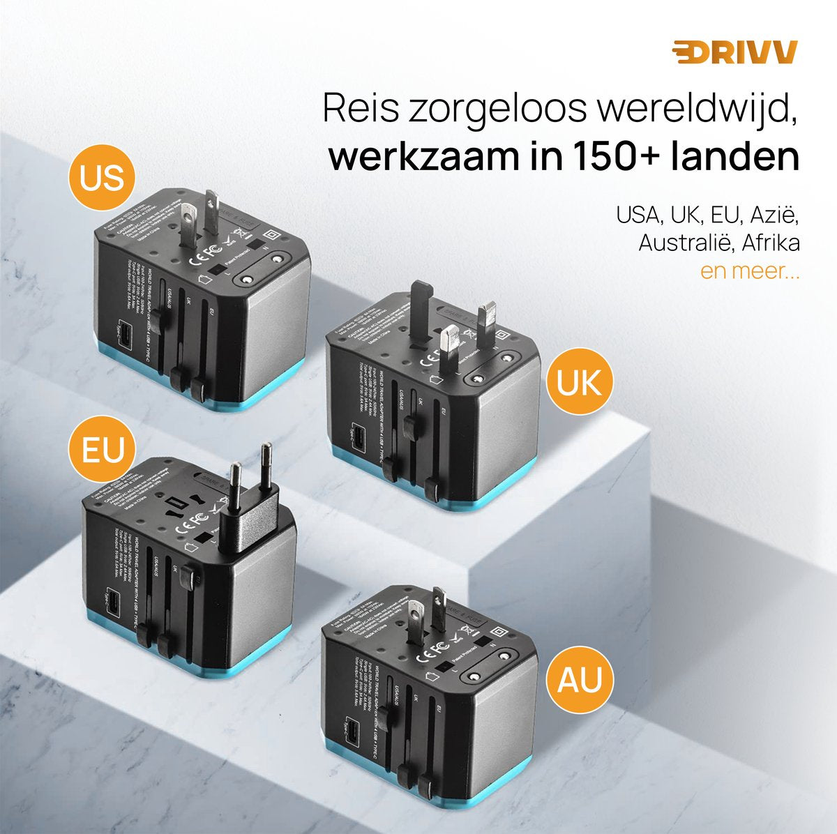 Drivv. Universeller Weltstecker – 4x USB & 1x USB-C-Schnelllade-Reiseadapter – Reisestecker für Amerika / England / Großbritannien / Kanada / Afrika / Japan / Mexiko / Thailand / Südamerika – Typ A, B, C, E, F, G, I, J, L, N – über 150 Länder – Reiseadapt