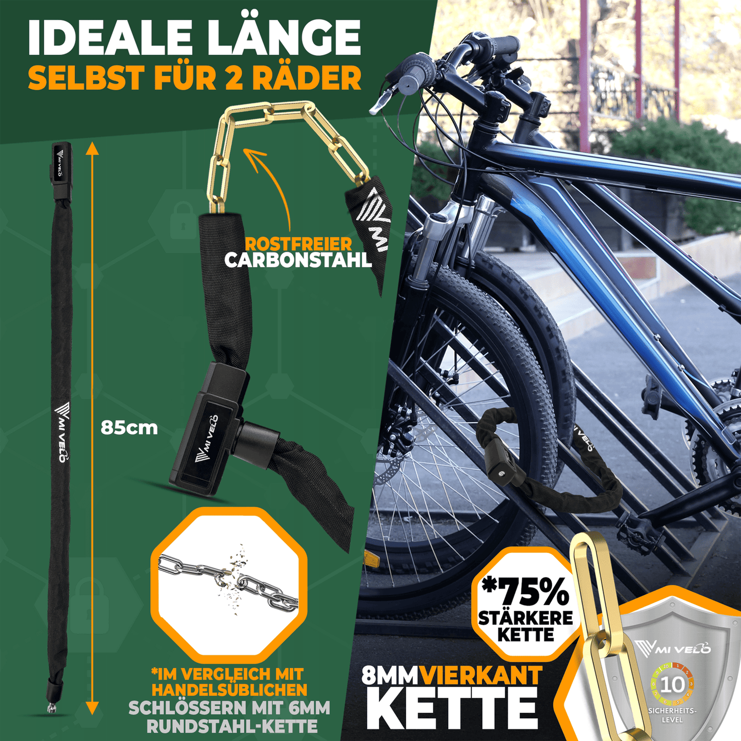 MIVELO Fahrradkette - Mit Schlüsselschloss - 85 cm - Stahl - Schwarz