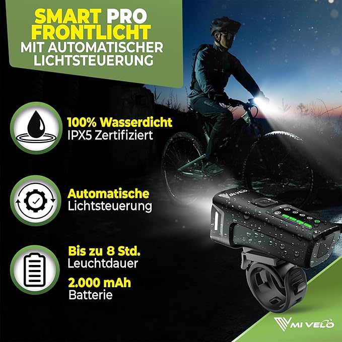 Mivelo Smart LED-Fahrradlicht vorne und hinten - 11 Stunden Akkulaufzeit - wiederaufladbar