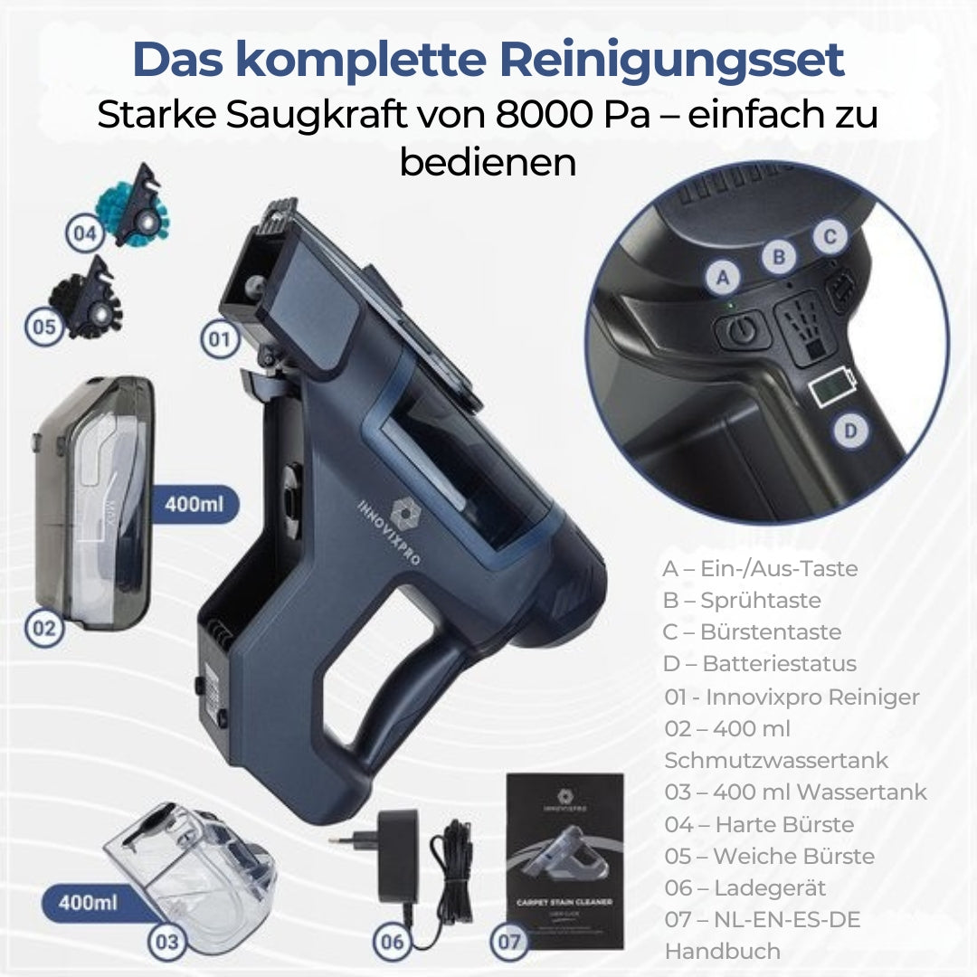 Innovixpro® Teppichreiniger - 2 Aufsätze - 45 Minuten Akkulaufzeit - Kabellos - Schwarz