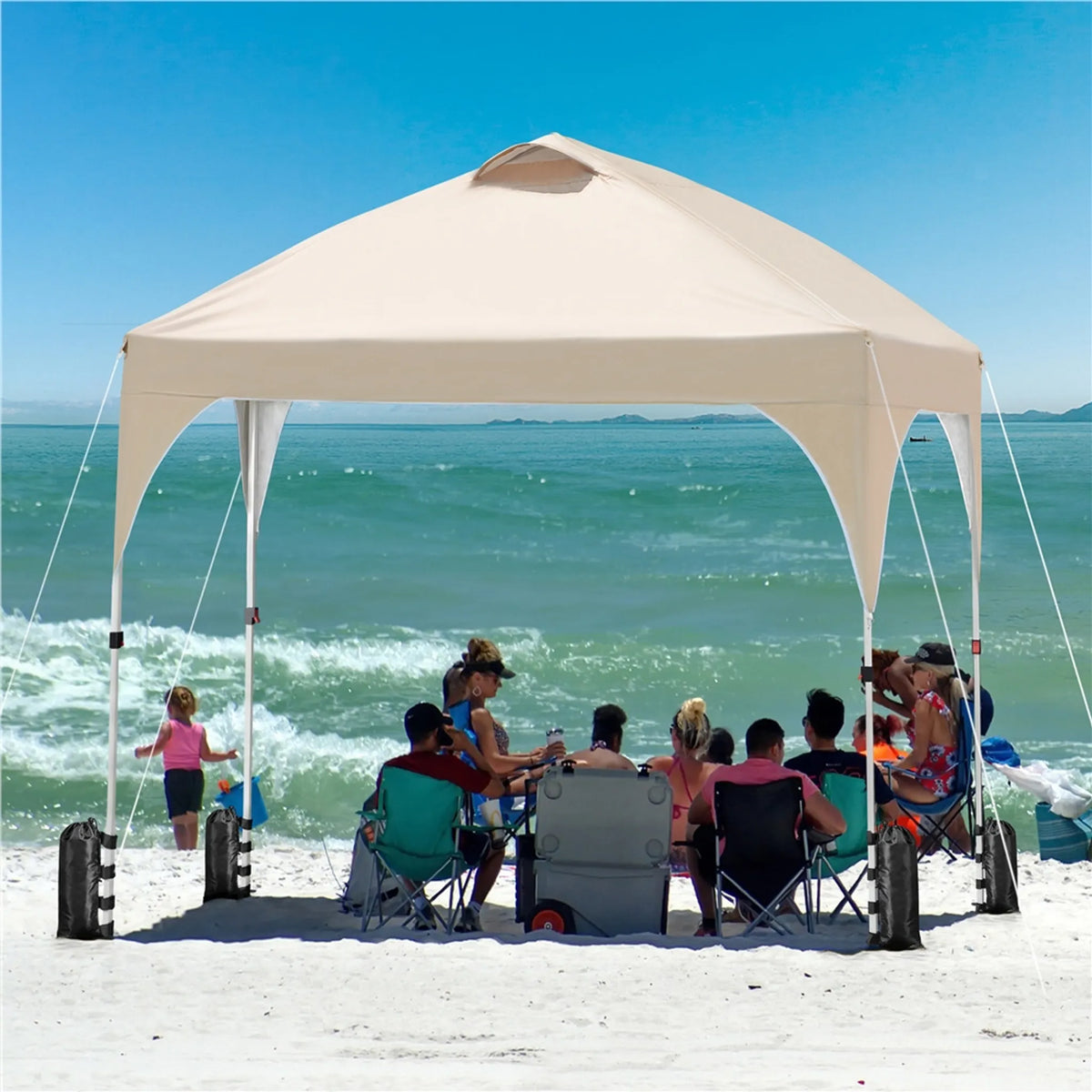 Yaheetech Pop-up-Pavillon 3 × 3 m, höhenverstellbar, mit Rolltasche, Sandsäcken und Heringen, beige