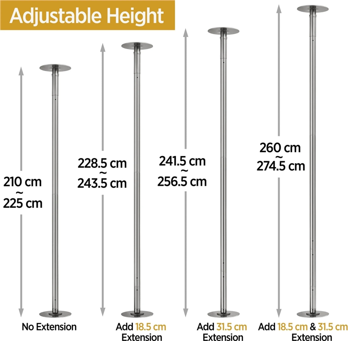 Yaheetech Tanzstange 45 mm – Statisch und drehbar – Verstellbar von 225 bis 274,5 cm – Mattsilber
