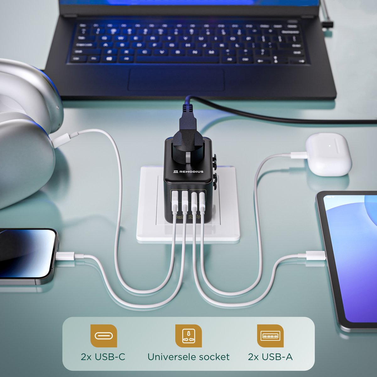 Remodius World Plug - Universeller Reiseadapter für 220+ Länder - 2x USB-C & 2x USB-A - Schnellladegerät - Typ A/B/C/D/E/F/G/I/J/L/N - Kompakt & handgepäcktauglich