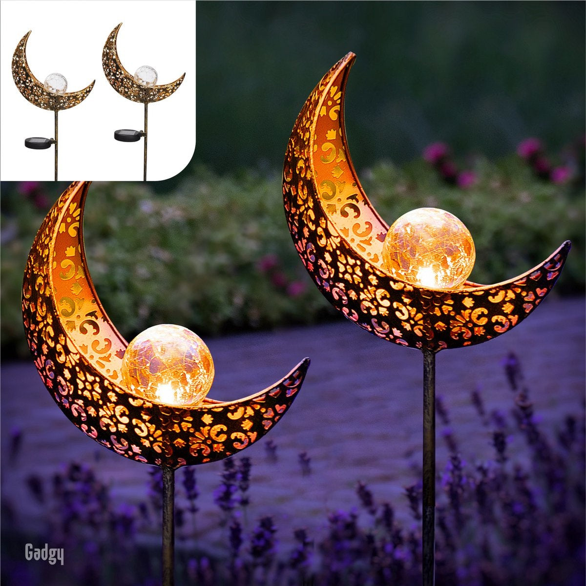 Gadgy -- Solar-Mondlampe - MIT Erdspieß und Sensor - 2 Stück - Bronze/Gold -88 cm