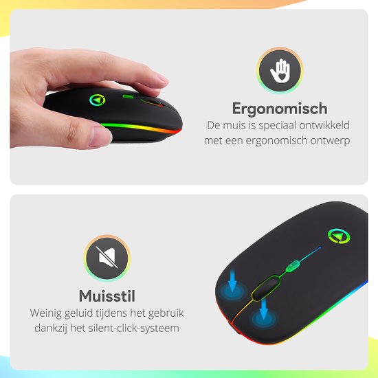 TechvavoÂ® Kabellose Maus Laptop - Computermaus - Wiederaufladbare Maus - LED-Beleuchtung - Geräuschlose kabellose Maus - Geeignet für Spiele - Schwarz
