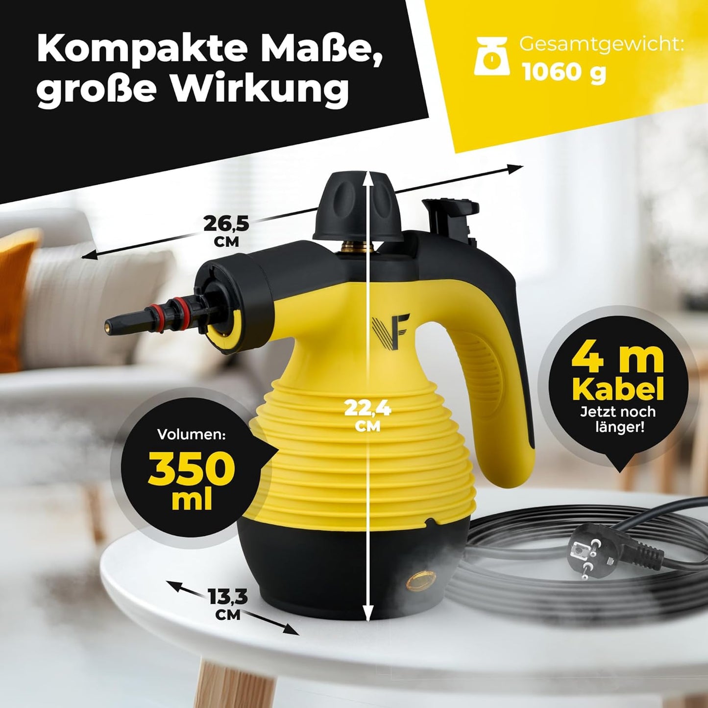 Neighbour's Friend® Dampfreiniger Neues Modell – Leistungsstarker Hand Steam Cleaner, 3,5 Bar Druck, 4m Kabel, 350ml Tank I Handdampfreiniger für Auto, Werkstatt, Haushalt & Fensterreinigung