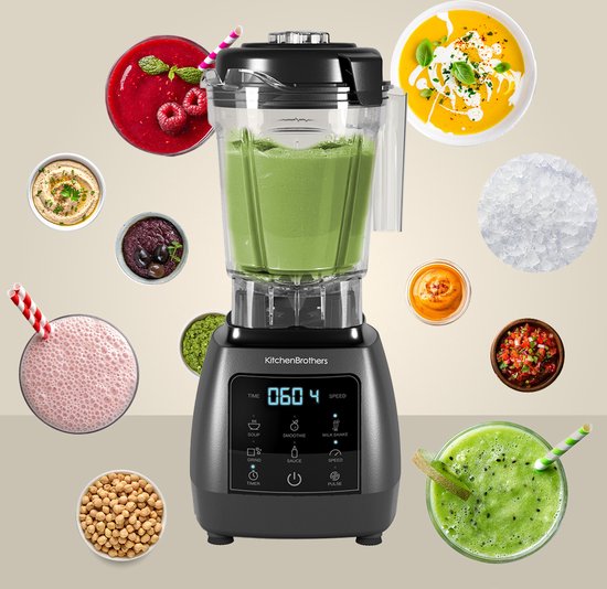 KitchenBrothers 2-in-1 Power Blender - 1600W - 2L - Komplettset mit Zerkleinerer und To-go Becher - Smoothie Maker - Ice Crusher - Metallic Grau