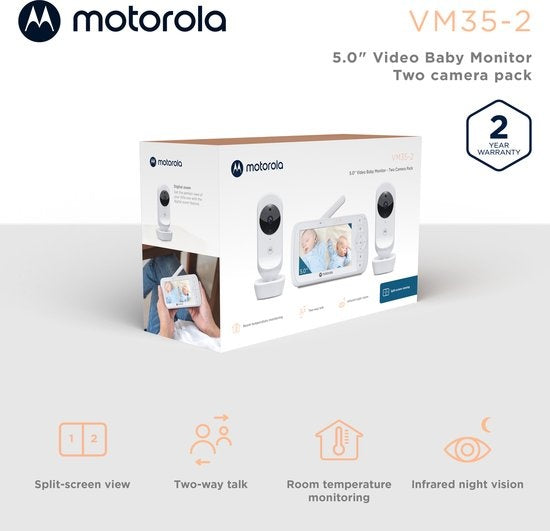 Motorola Nursery VM35-2 - Babyphone mit geteiltem 5-Zoll-Bildschirm und 2 Kameras - Nachtsicht - integriertes Mikrofon