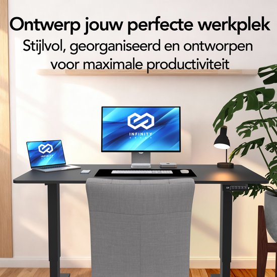 Infinity Goods Sitz-Steh-Schreibtisch, elektrisch verstellbar – 140 x 60 cm – Speicherfunktion – Schwarz