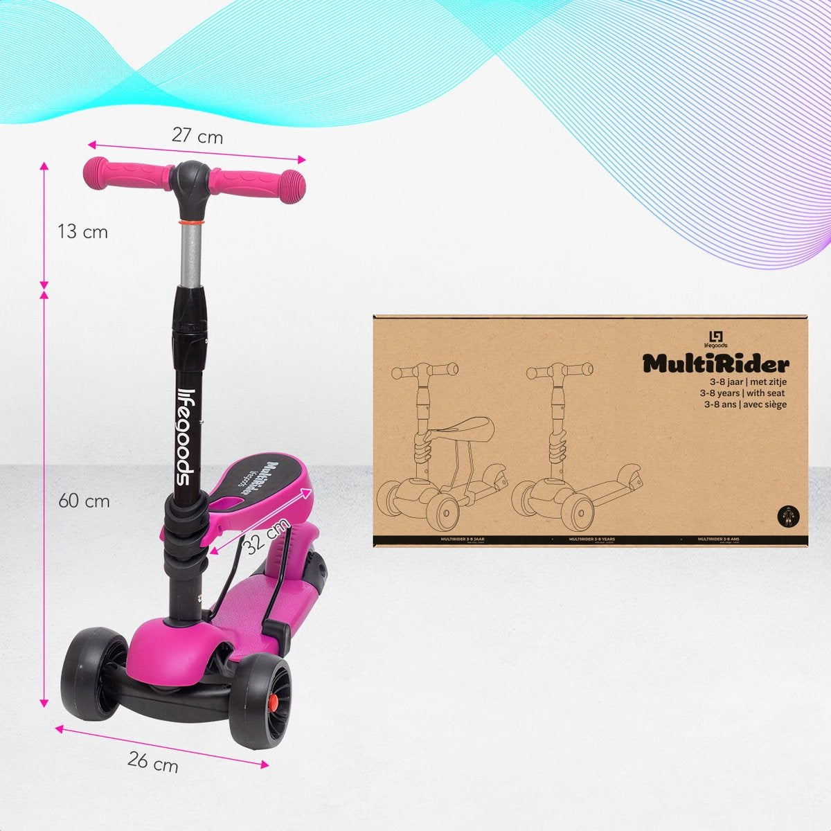 LifeGoods MultiRider Kinder-Roller - Stufe 3-8 Jahre - verstellbarer Sitz - leuchtende Räder - Jungen/Mädchen - Pink
