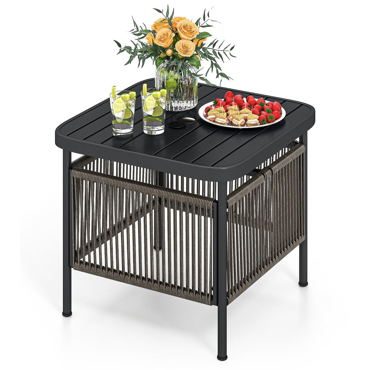 Coast Beistelltisch für den Außenbereich – wetterfestes Rattan – mit Sonnenschirmloch – schwarz – 56 x 56 x 49 cm