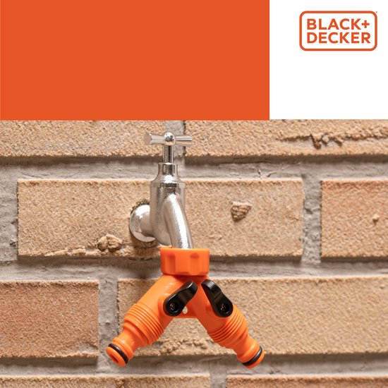 BLACK+DECKER Double Tap Fitting Gartenschlauch - Gartenschlauchkupplung - 3/4" Wasserhahnanschlüsse - Integrierter Wasserstopp - Regulierung des Wasserflusses - Kunststoff - Orange/Schwarz