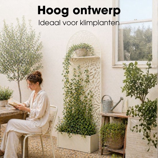 Mica Decorations Sapri Pflanzenstütze – Pflanzkübel mit Klettergitter für Kletterpflanzen – Pflanzenständer, freistehend oder an der Wand – 90 x 33 x 180 cm – Off White