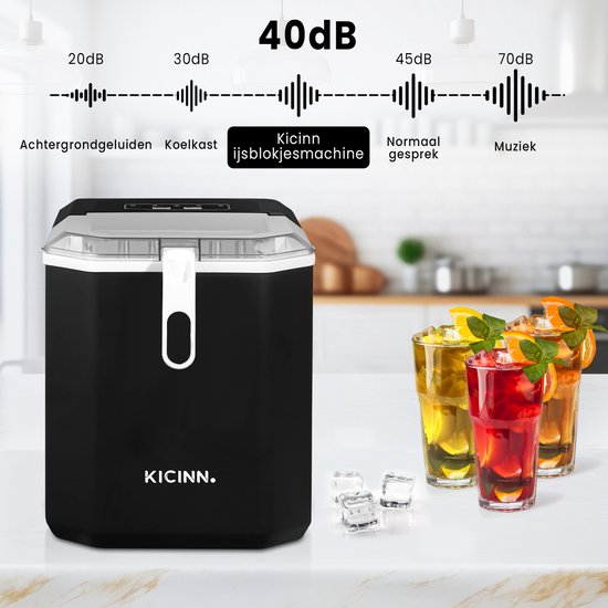Kicinn Eiswürfelmaschine - Eiswürfelmaschine - Eiswürfelbereiter - Eisportionierer - 12kg/24h - Selbstreinigungsfunktion - Schwarz