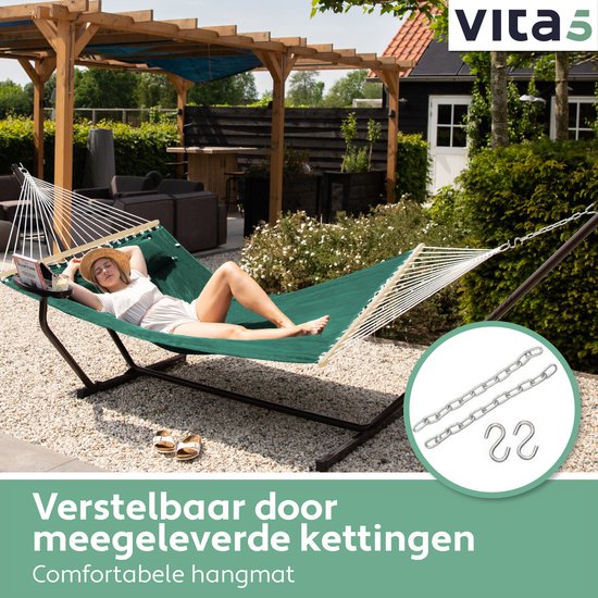 Vita5 Hängematte mit Ständer und Spreizstange – für 2 Personen – inkl. Getränkehalter – abnehmbares Kissen – UV-beständig – Grün