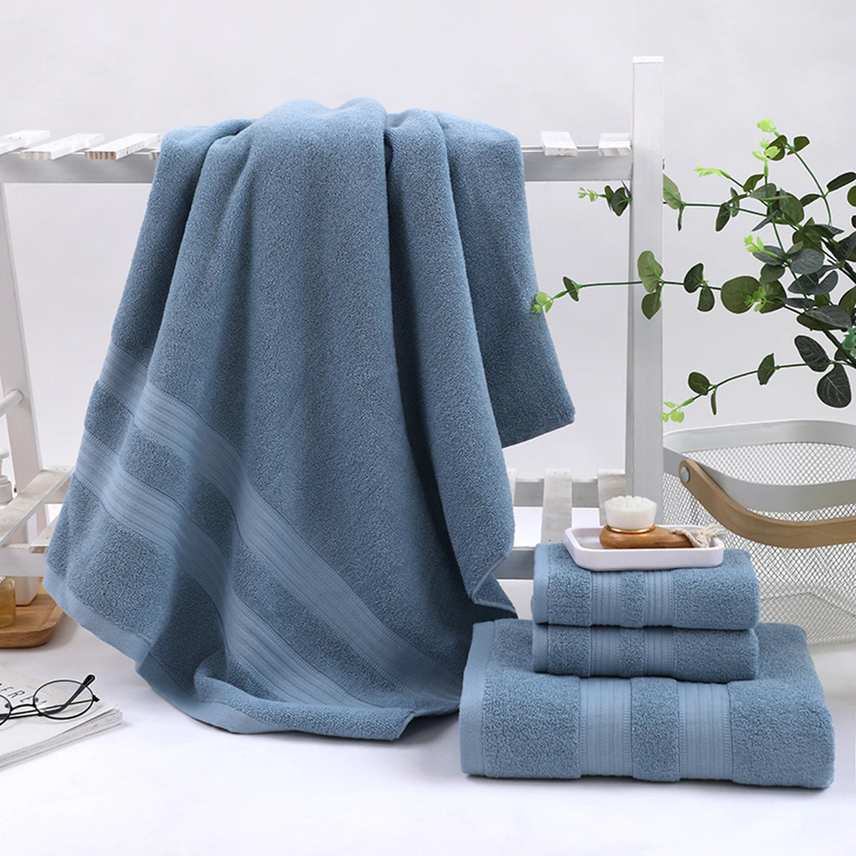 Tuqiang Badetuch-Set, 4er-Set – Blau – 100 % Baumwolle, gebürstetes Garn