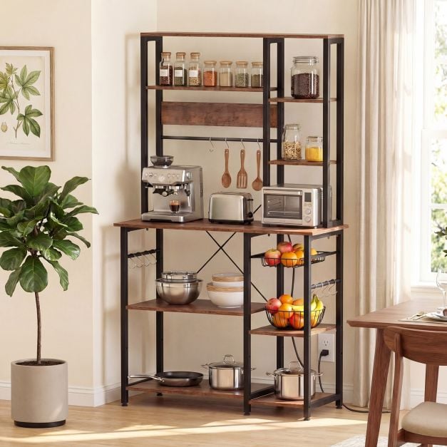 Coast 6-lagiges Küchenregal mit Steckdose – Mikrowellenregal mit ausziehbarem Drahtkorb, 12 Haken und USB-Anschluss, 99 × 40 × 170 cm – Rustikales Braun/Schwarz