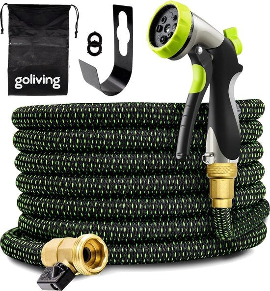 Goliving Tuinslang Flexibel - 30 Meter - Uitrekbare tuinslang Sproeier - Tuinsproeier - Zwart - Acht standen - Met opbergtas