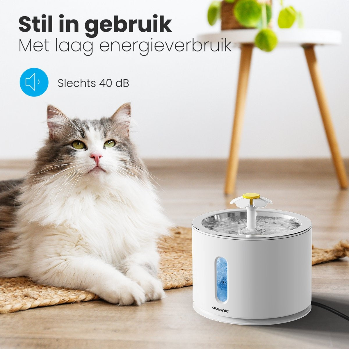 Auronic Trinkbrunnen - Wasserbrunnen für Katzen und Hunde - 2.4L - Tiertränke - Inkl. 4 Filter und 2 Bürsten - Weiß
