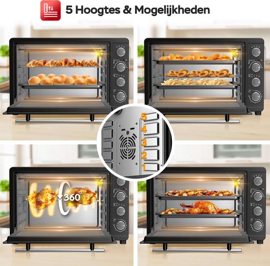 TurboTronic - EV45 Freistehender Backofen - 45 Liter Fassungsvermögen - 2000W Leistung - Heißluft- & Rotisserie-Funktion - 100-230°C - Schwarzer Edelstahl