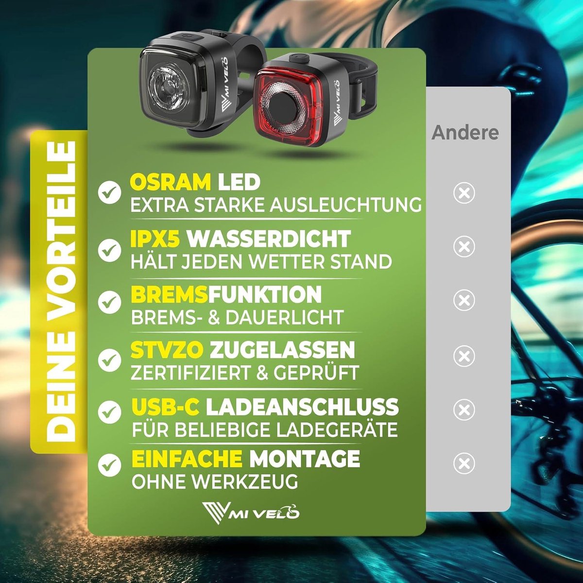 Fahrradlichtset - mit Bremsanzeige - StVZO geprüft - Wasserdicht - Schwarz