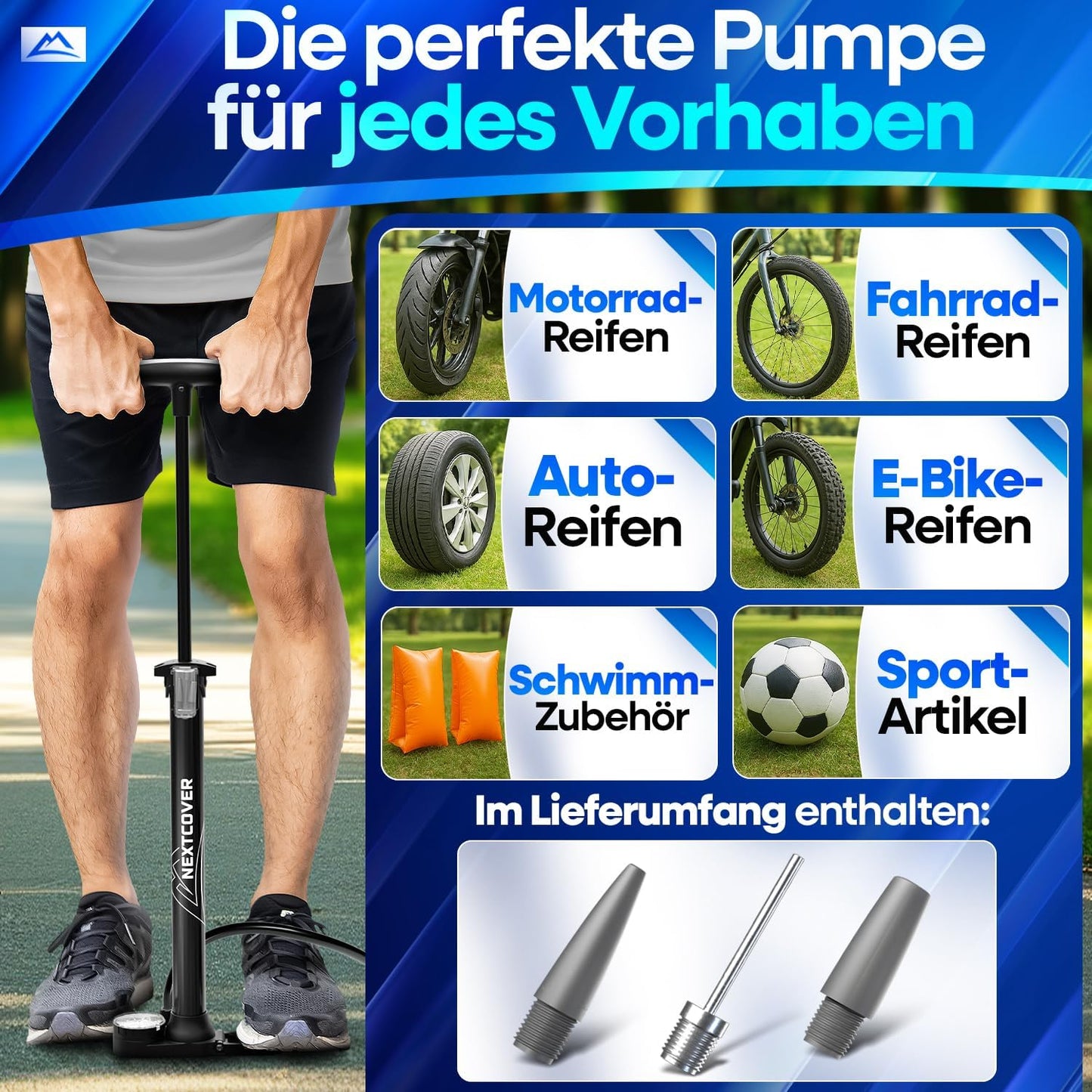 Nextcover - Fahrradpumpe – Airflow-Technologie – Mit Manometer – Schwarz