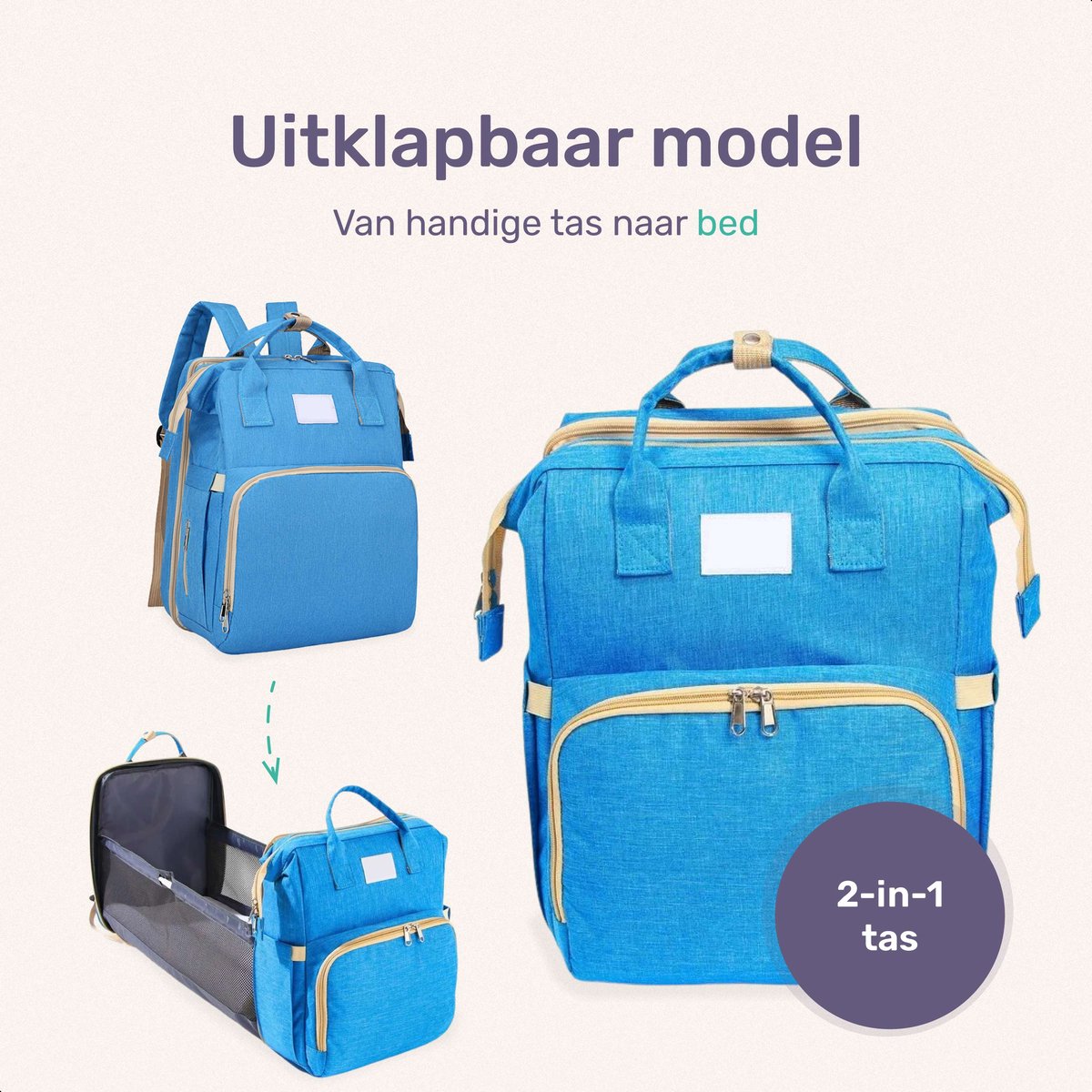 Qwali Wickeltasche, ausziehbar zum Bettchen – 7 Flaschenhalter – Blau-Grau