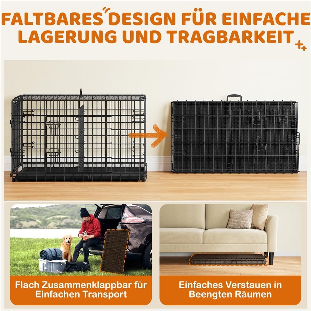 Yaheetech Faltbare Hundebox XL – 107 x 66 x 74,5 cm – 2 Türen mit Trennwand und herausnehmbarem Boden – Schwarz