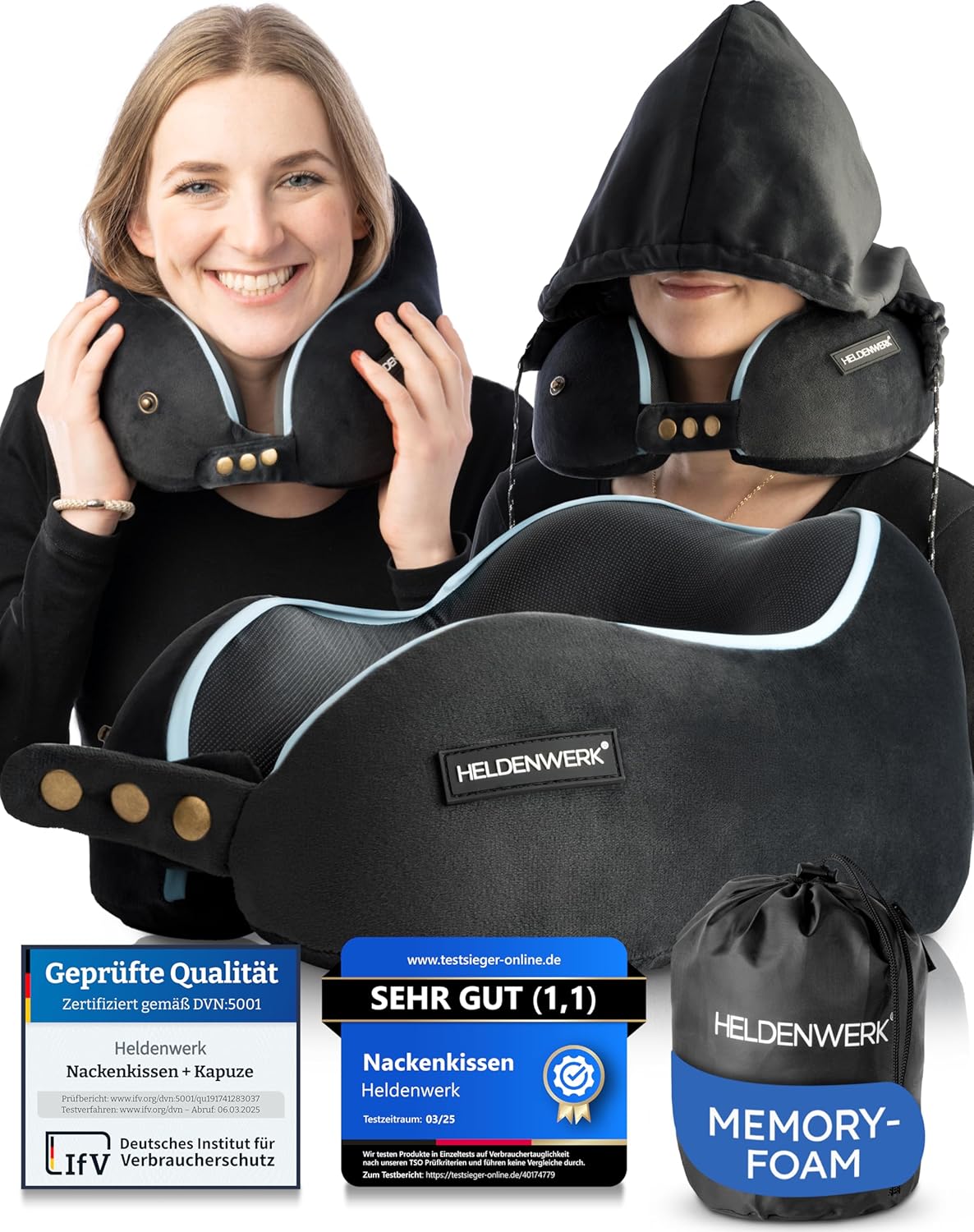 HELDENWERK - Nackenkissen & Reisekissen - Dunkelgrauer Memory Foam - Mit verstellbarem Kordelzug & samtig weichem Bezug - Ergonomischer Komfort - Für Flugzeug & Auto