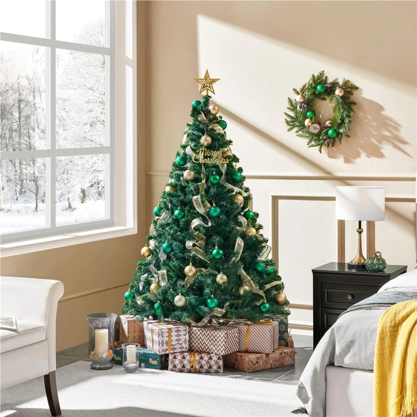 Yaheetech Künstlicher Weihnachtsbaum Fichte - 183 x 110 x 110 cm - Mit 598 Zweigen und klappbarem Metallsockel und schützenden Gummikappen - Für Wohnzimmer und Urlaub - Grünes PVC und Metall