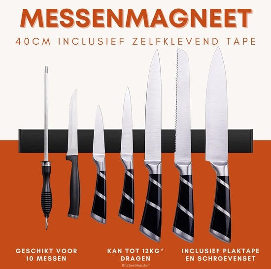 KitchenMonsterÂ¬Ã† Messer Magnet Messerblock 40 cm - Magnetischer Messerhalter Inklusive Klebeband (3M) und Schraubbefestigung - Messer Magnetstreifen Edelstahl Schwarz