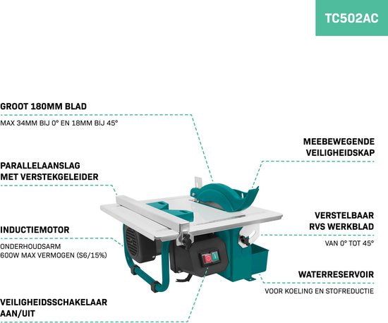 VONROC - Fliesenschneider - 600W - Ø180mm - Inkl. Diamanttrennscheibe - wassergekühlt - Induktionsmotor - Weiß/Grün