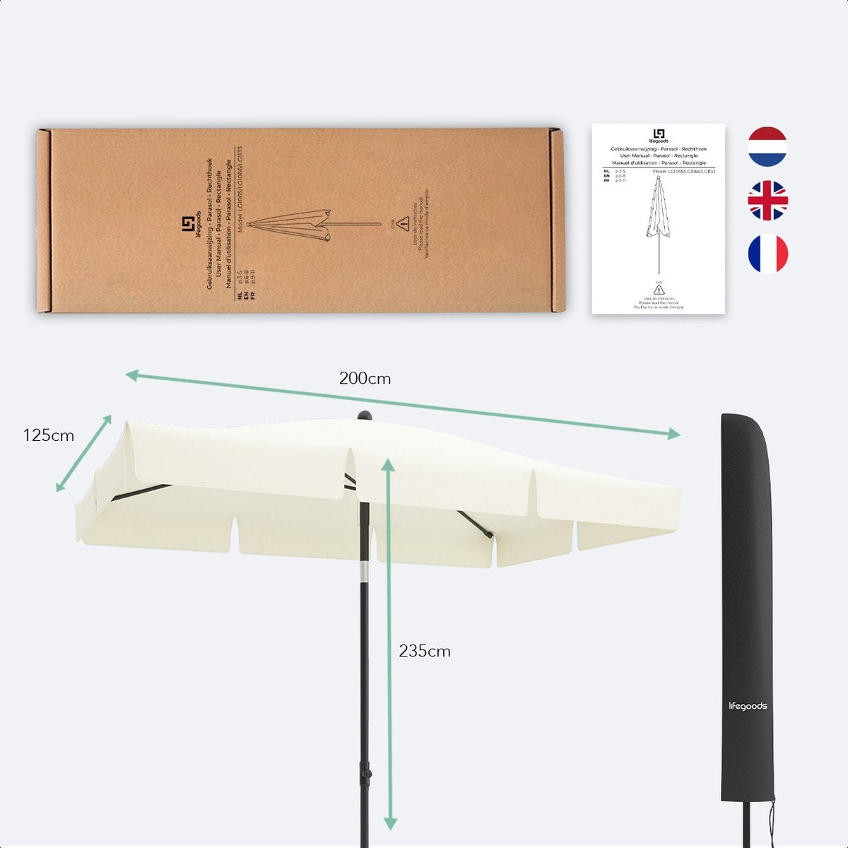 LifeGoods Sonnenschirm - 200x125cm - 30° neigbar - Wasserdicht - Mit Bezug - Creme