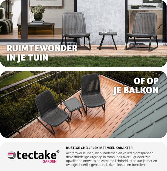 tectake - Gartenmöbel-Set für 2 Personen - Outdoor-Möbel wetterfest für Balkon - Garten-Lounge-Set - Terrassenmöbel - Sitzgruppe mit 2x Loungesessel und 1x Gartentisch Beistelltisch - Rattanoptik - grau