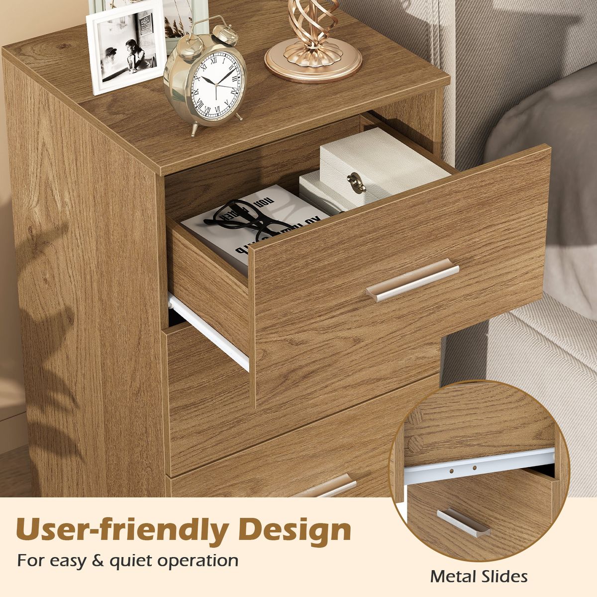 Coast Nachttisch – Kommode aus Holz mit 3 Schubladen – Modernes Design – Naturfarben 38 x 35 x 66 cm