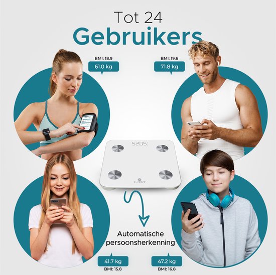 e.volve Waage Personenwaage Digital - 20x - Weiß - Intelligente Waage mit Körperanalyse - Präzisionswaage - Waage - Digitale Waage - Inkl.